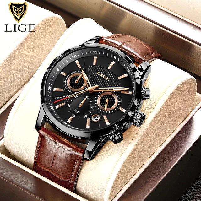 LIGE Luxury Men's Leather Sport Watch with Chronograph - Smarsty