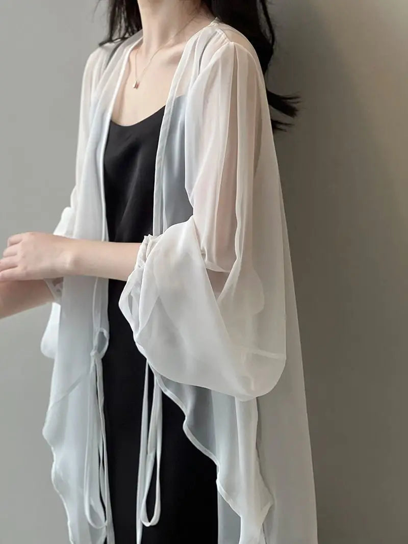 Shirts Women V-neck Loose Long Sleeve Open Stitch Korean Style Lace-up Simple Solid Summer Chiffon Breathable Minimalist Stylish - Smarsty