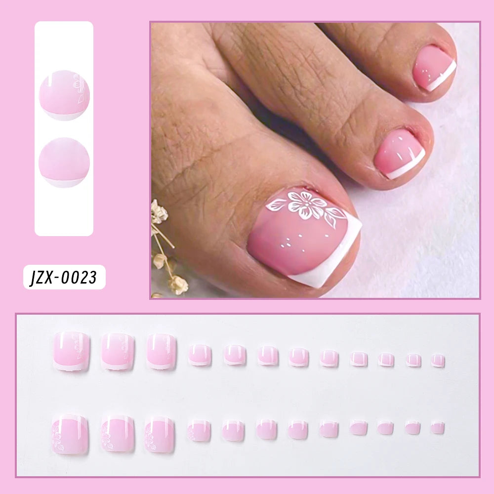 French Flower Fake Toenails Short Square Press On Tips - Smarsty