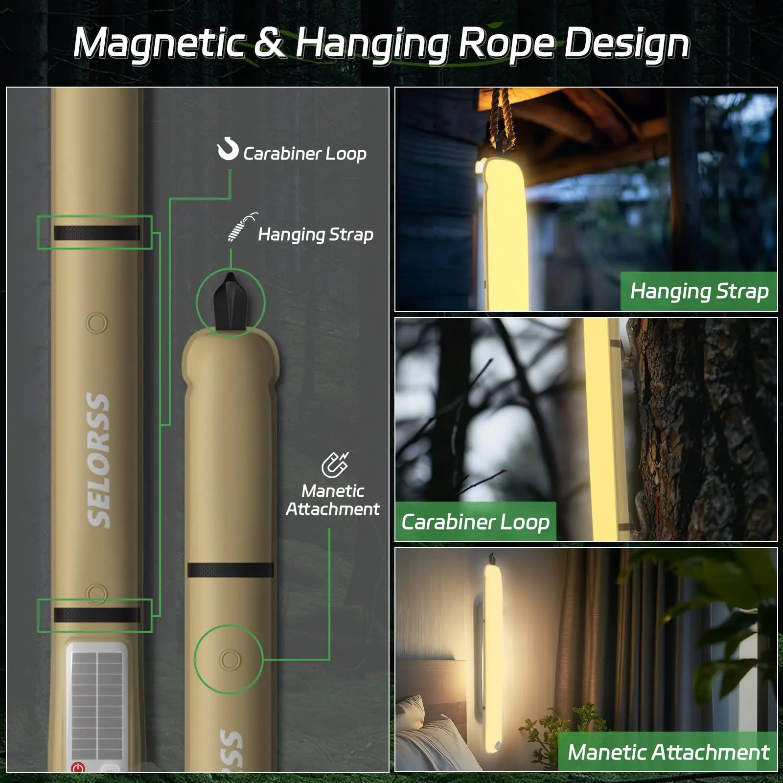 SELORSS Solar Camping Lantern 2000mAh Folding Portable Camping Light Waterproof 3 Warm Light for Hiking Camping Fish USB-Type C