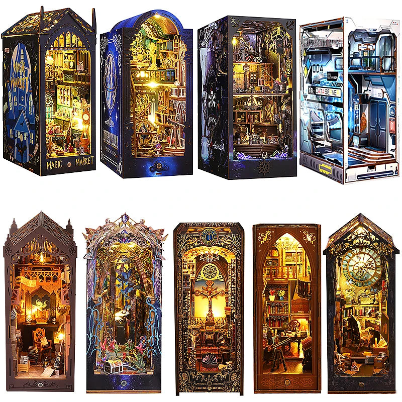 DIY Book Nook Shelf Insert Kit 3D Wooden Puzzle Doll House Assembly Building Model Bookends With Furniture LED Light Xmas Gifts by Smarsty
