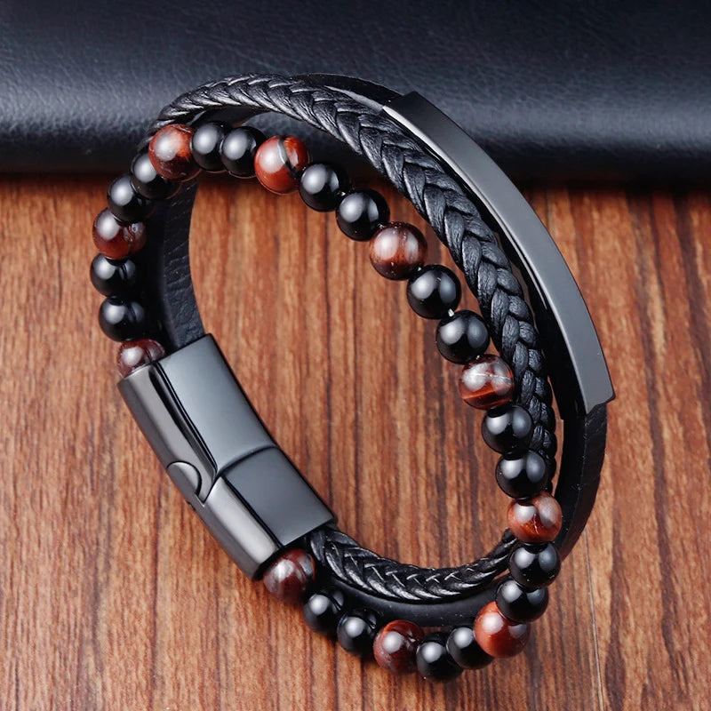 Men's Leather Charm Bracelet Stainless Steel Magnetic Clasp - Smarsty