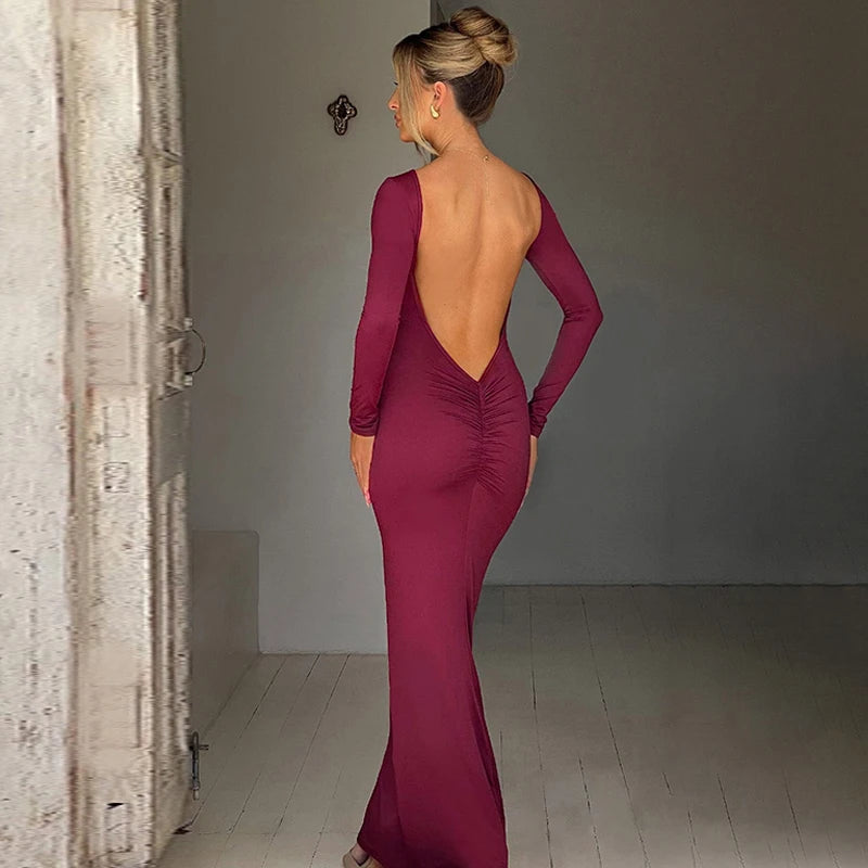 Hugcitar Spring Elegant Long Sleeve Backless Solid Cuched Sexy Bodycon Maxi Prom Dress Women Outfit Evening Party Festival Y2K - Smarsty