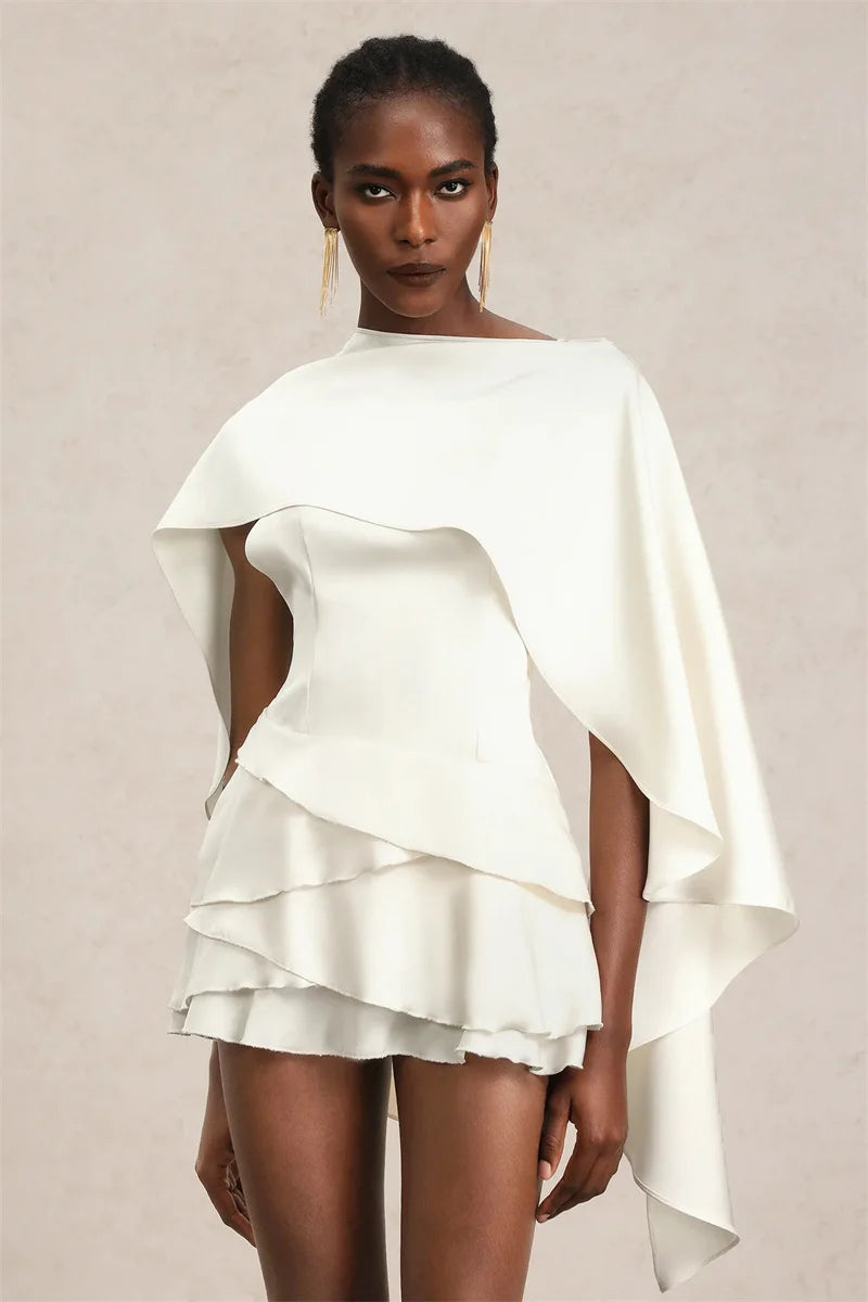 Mozision Shawl Sleeve Ruffle Sexy Mini Dress Women Robe Fashion Solid Lace-up Backless Club Party Dress Female Elegant Dresses