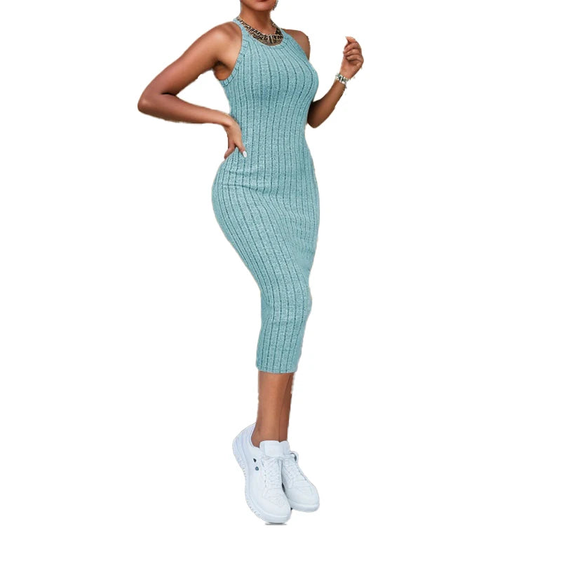 Solid Halter Neck Bodycon Midi Dress High-end temperament vest halter dress women's summer new high-waist slim temperament slim - Smarsty
