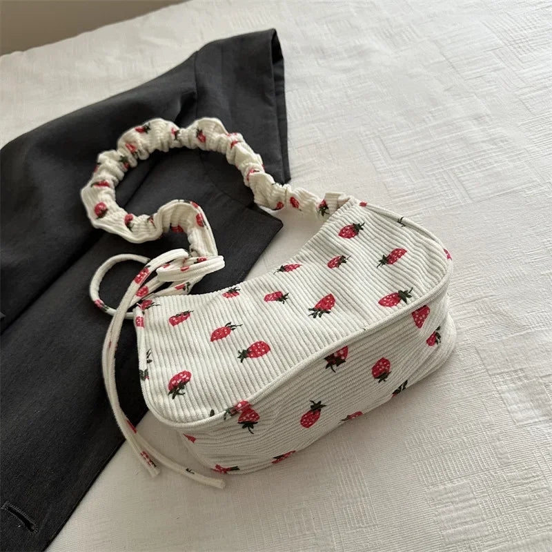 Corduroy Underarm Bag For Women Strawberry Print Mini Tote - Smarsty