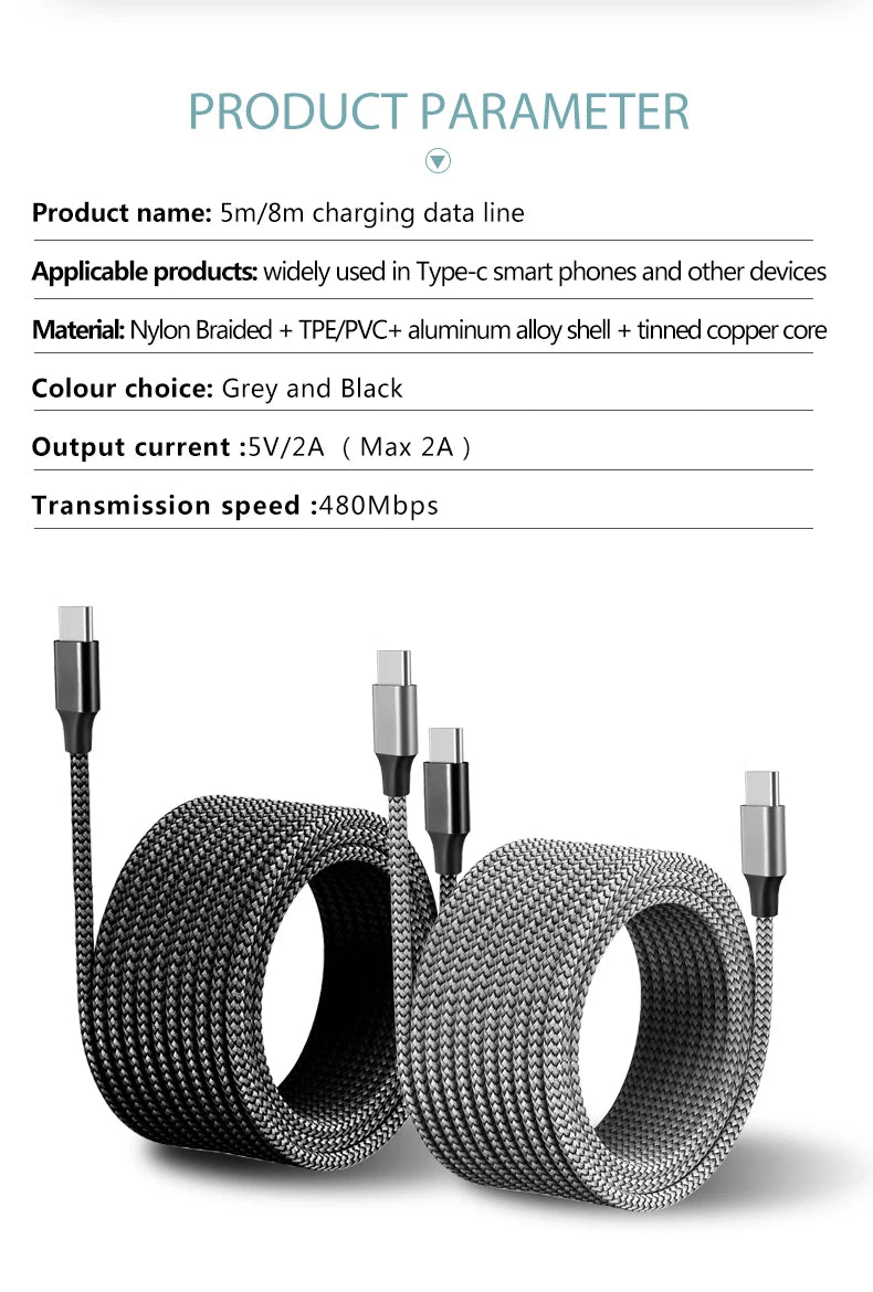 Type C to Type C Cable C to C PD 60W 3m 5m 8m 10-meter Extension Cable for iPhone 15 PRO MAX Plus Huawei Samsung Xiaomi OPPO - Smarsty