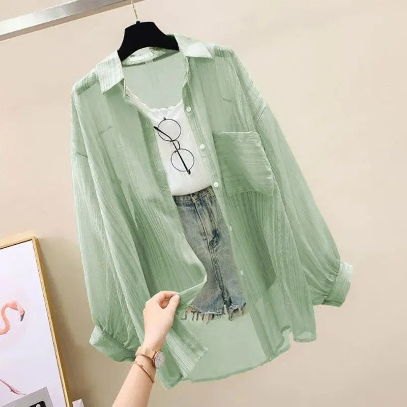 Summer Sunscreen Shirt Elegant Perspective Thin Chiffon Blouse Korean Harajuku See Through Loose Top Casual Women's Cardigan - Smarsty