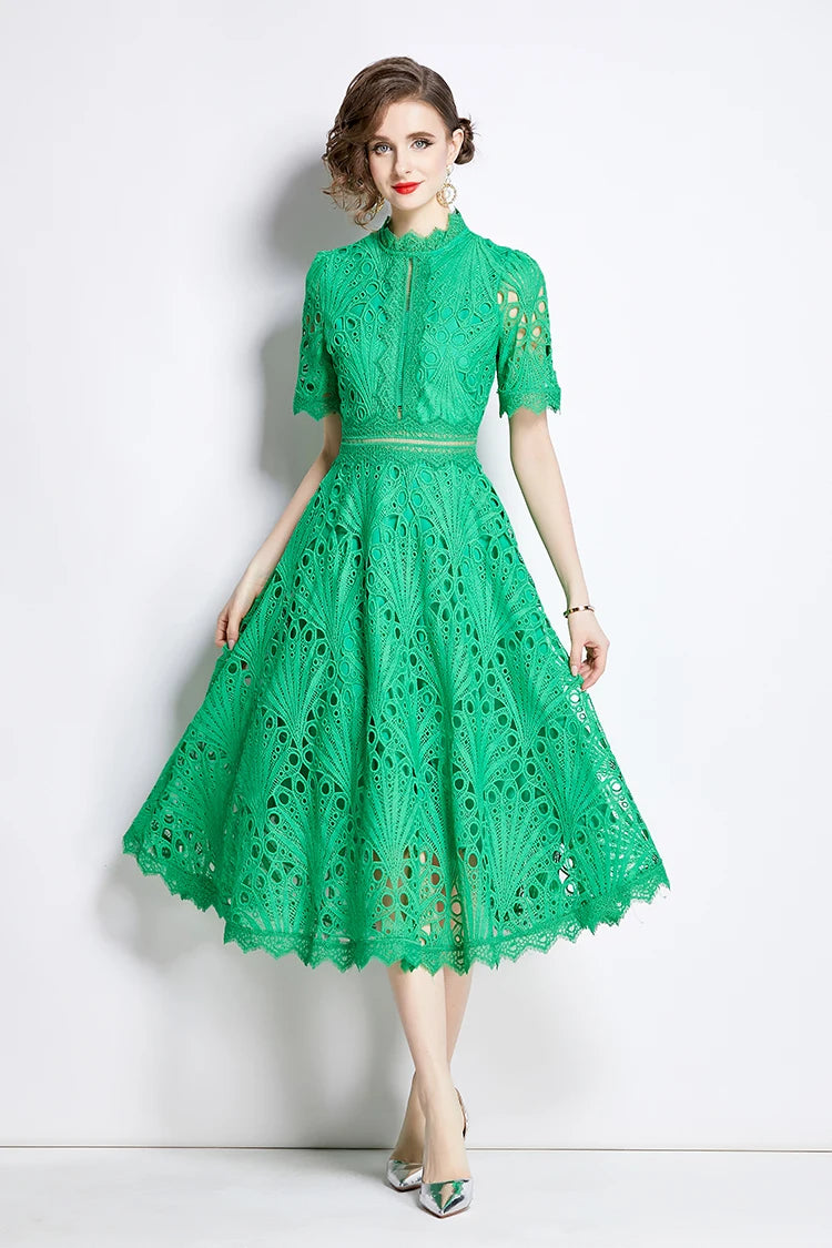 H Han Queen Spring New Elegant Casual Work Party Dresses Floral Crochet Hollow Out Lace Patchwork Casual Office Midi Dress - Smarsty