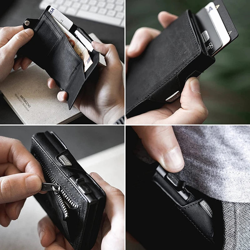 Pop-Up Credit Card Case with RFID Protection Genuine Leather Wallet with Compartment for Notes and Coins for Men and Women