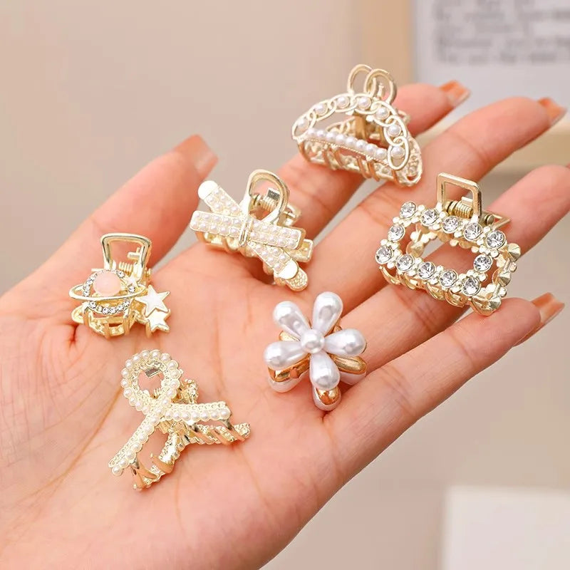 Mini Rhinestone Pearl Hair Claws For Women Sweet Geometric - Smarsty
