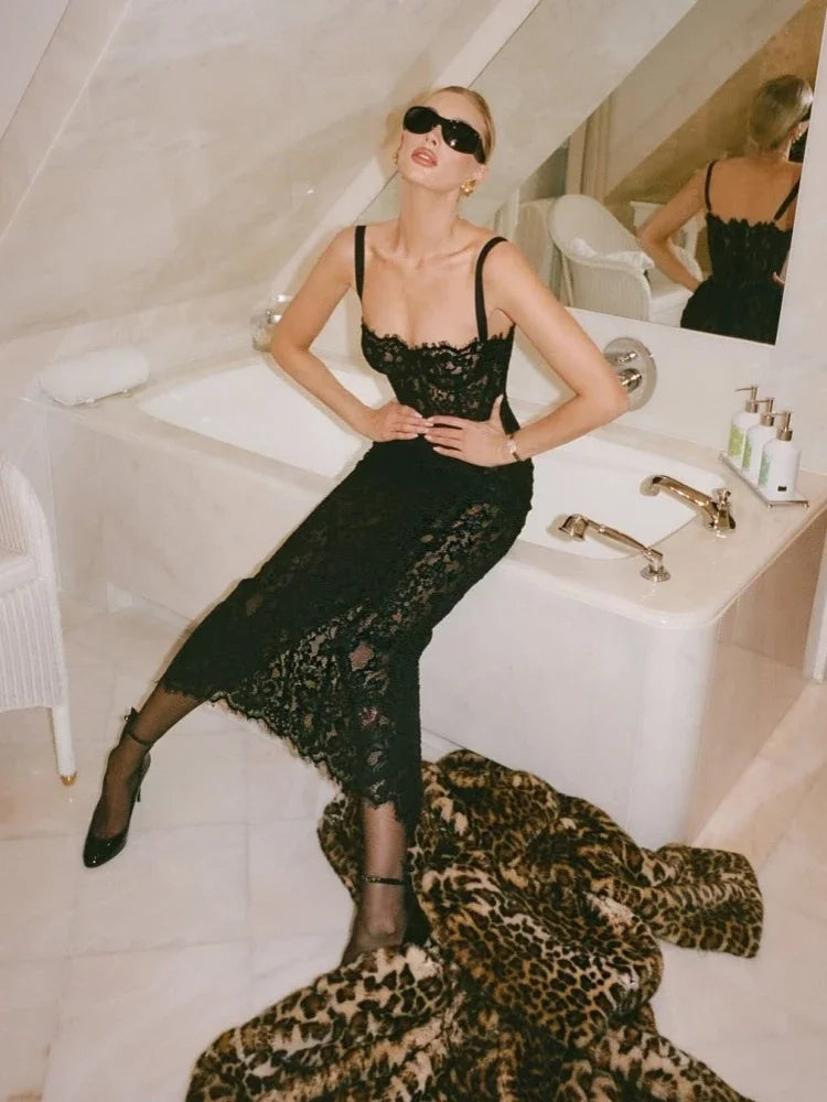 Sexy Spaghetti Strap Square Neck Lace Long Dress Women Black Floral Lace Sleeveless Bodycon Dresses Elegant Evening Celebrity