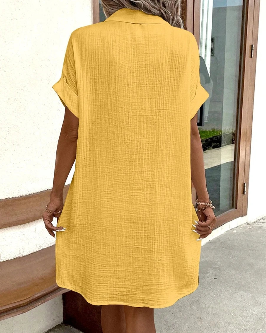 Vintage Women Solid Mini Dress Summer Fashion V-neck Three Quater Sleeve Cotton Linen Dress Ladies Casual Holiday Vestidos - Smarsty