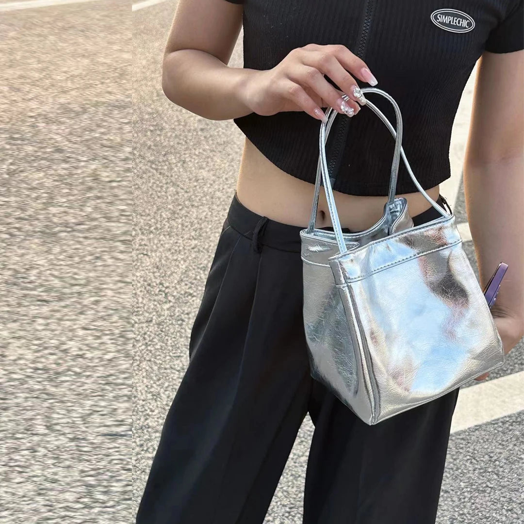 Bucket Bag For Women Silvery Pu Lunch Box Versatile Chic - Smarsty
