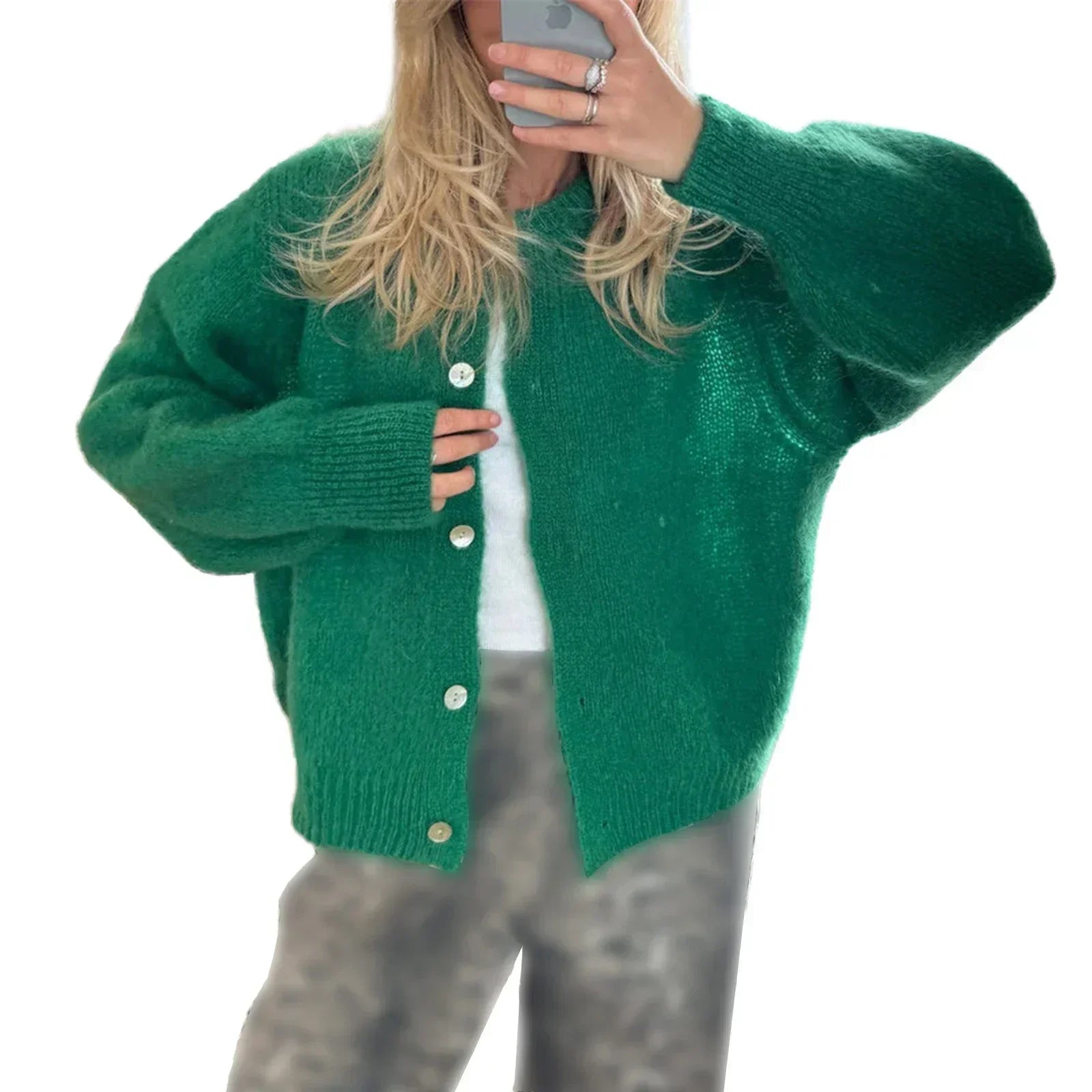 Women Solid Knitted Single Breasted Cardigan O-neck Long Sleeve Loose Soft Sweater 2024 Autumn Lady Knitwear - Smarsty
