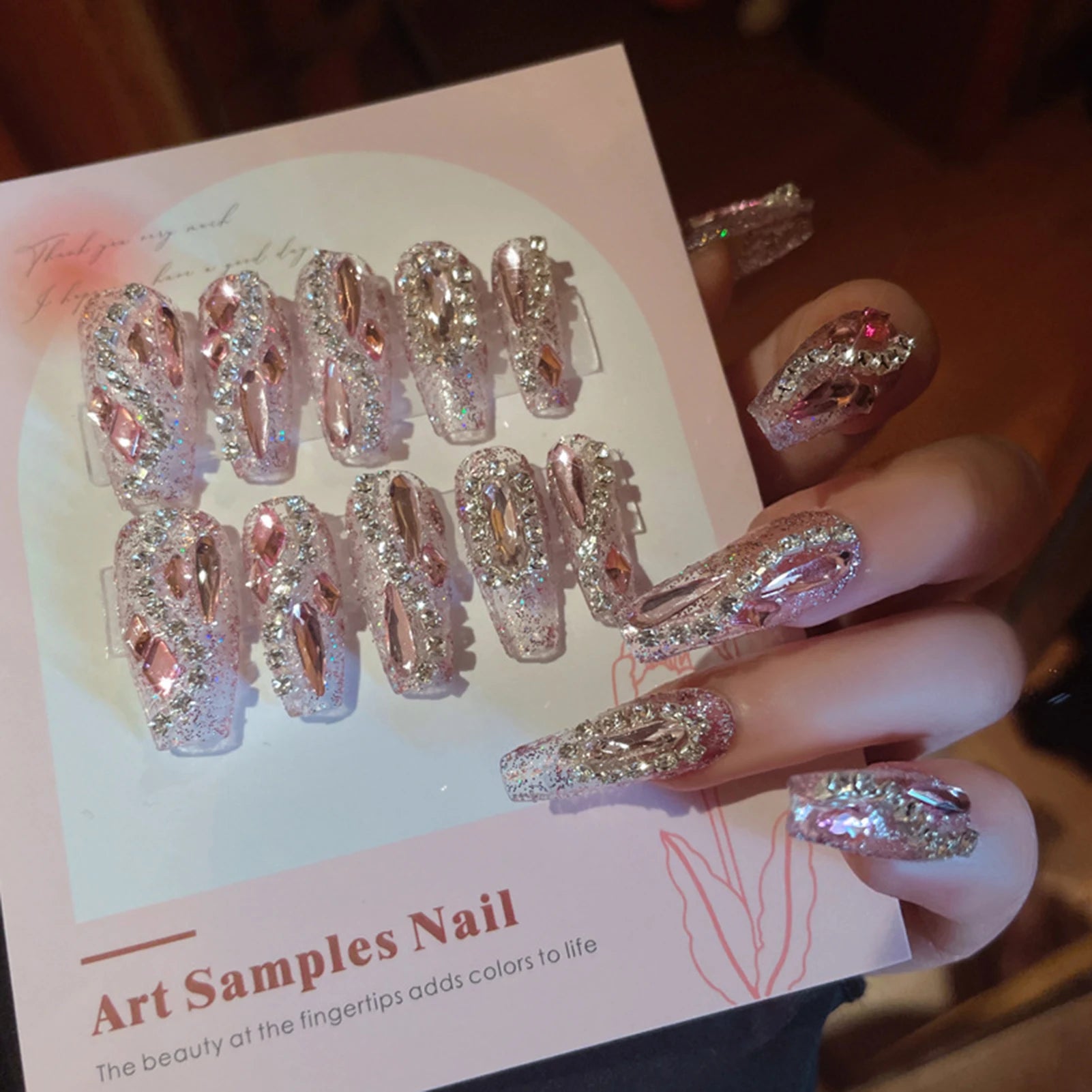 24pcs Pink Crystal Bow Press On Nails for Girls - Smarsty