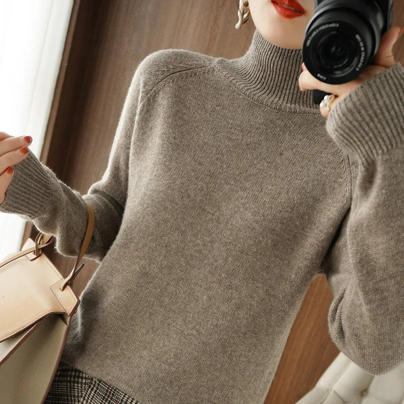 Fashion Basic Autumn Winter Merino Wool Sweater Mock Neck Cashmere Pullover Solid Color Soft Long Sleeve Clothing Tops - Smarsty