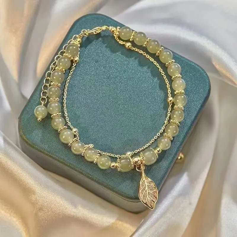 Exquisite Green Jade Bracelet for Women with Gold Leaves - Smarsty