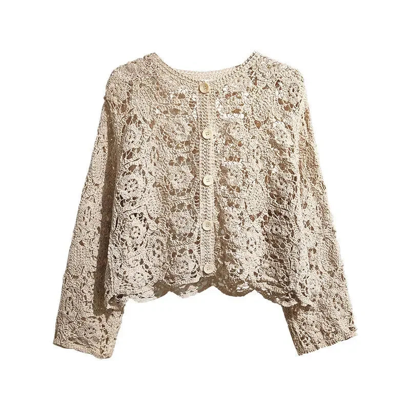 Lace Small Shawl Cotton Cardigan female 2023 spring and summer o neck long sleeve solid casual Versatile Hollow Cardigan Female - Smarsty