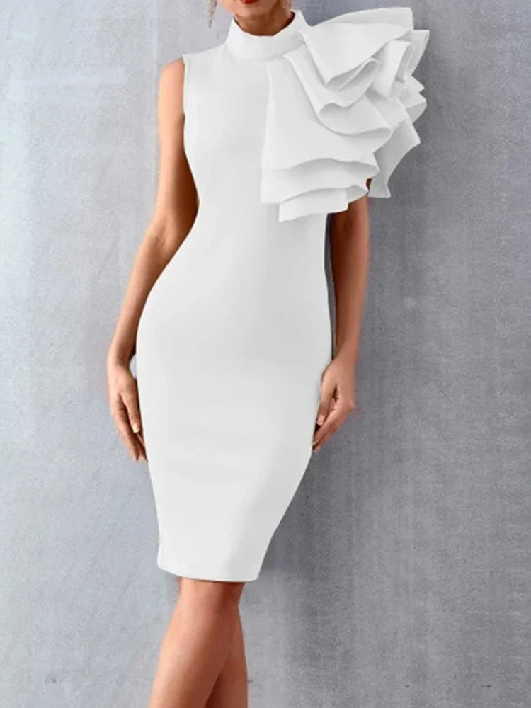 Summer Fashion Bodycon High Neck Sleeveless One Shoulder With Flower Ruffle Elegant Evening Dress - Smarsty