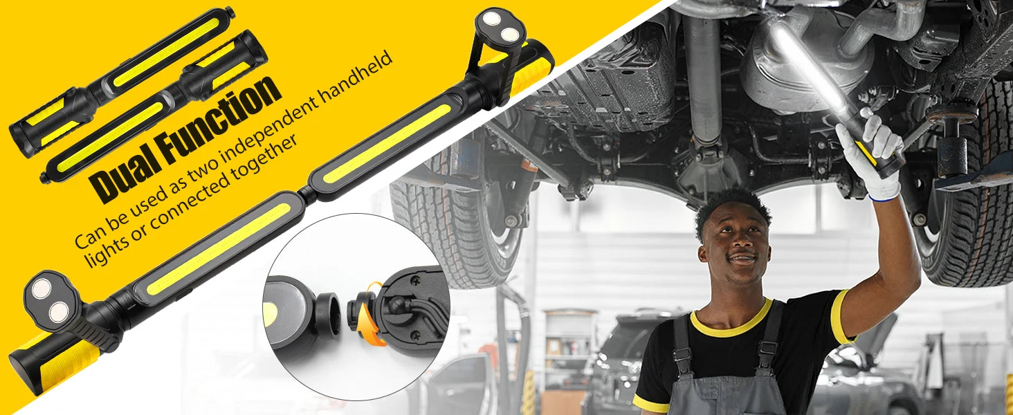 Dual Magnetic Work Lights 2 in 1, 2400LM Rechargeable Underhood Light,360° Rotation with Hooks for Car Repair, Garage, Emergency