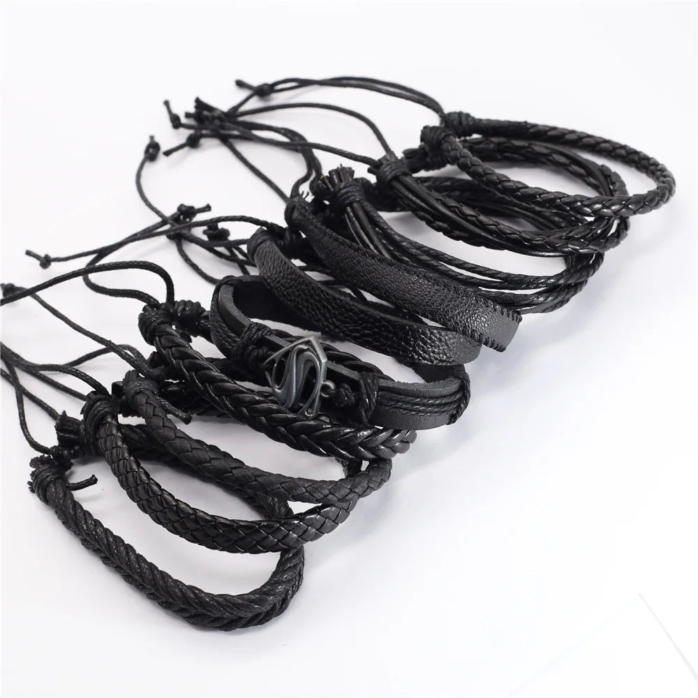 Handmade Black Leather Wrap Bracelets Set for Men and Women - Smarsty