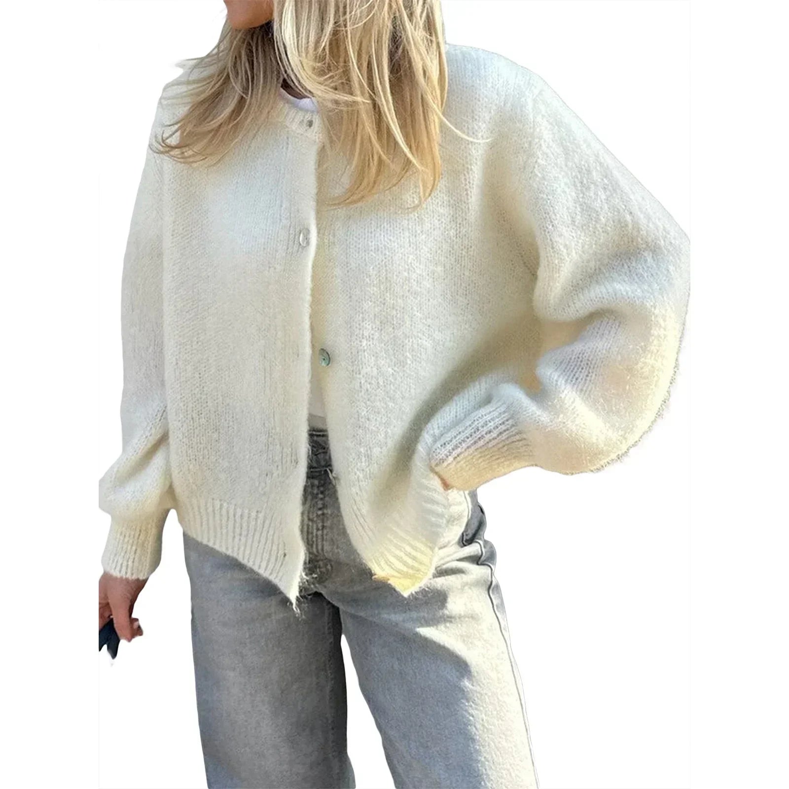Women Solid Knitted Single Breasted Cardigan O-neck Long Sleeve Loose Soft Sweater 2024 Autumn Lady Knitwear - Smarsty