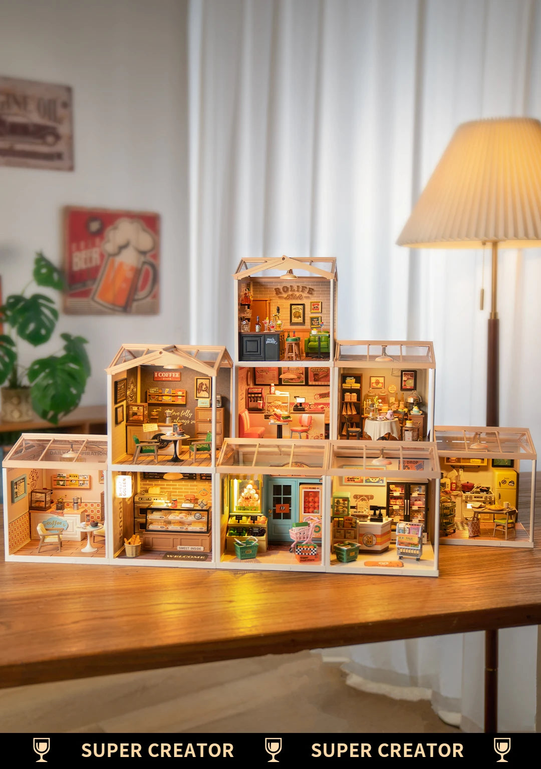 Robotime Rolife Super Creator Series Plastic Dollhouse Building Blocks for Kids Yum Burgers Leisurely Cheers Bar Sweet Sips Tea