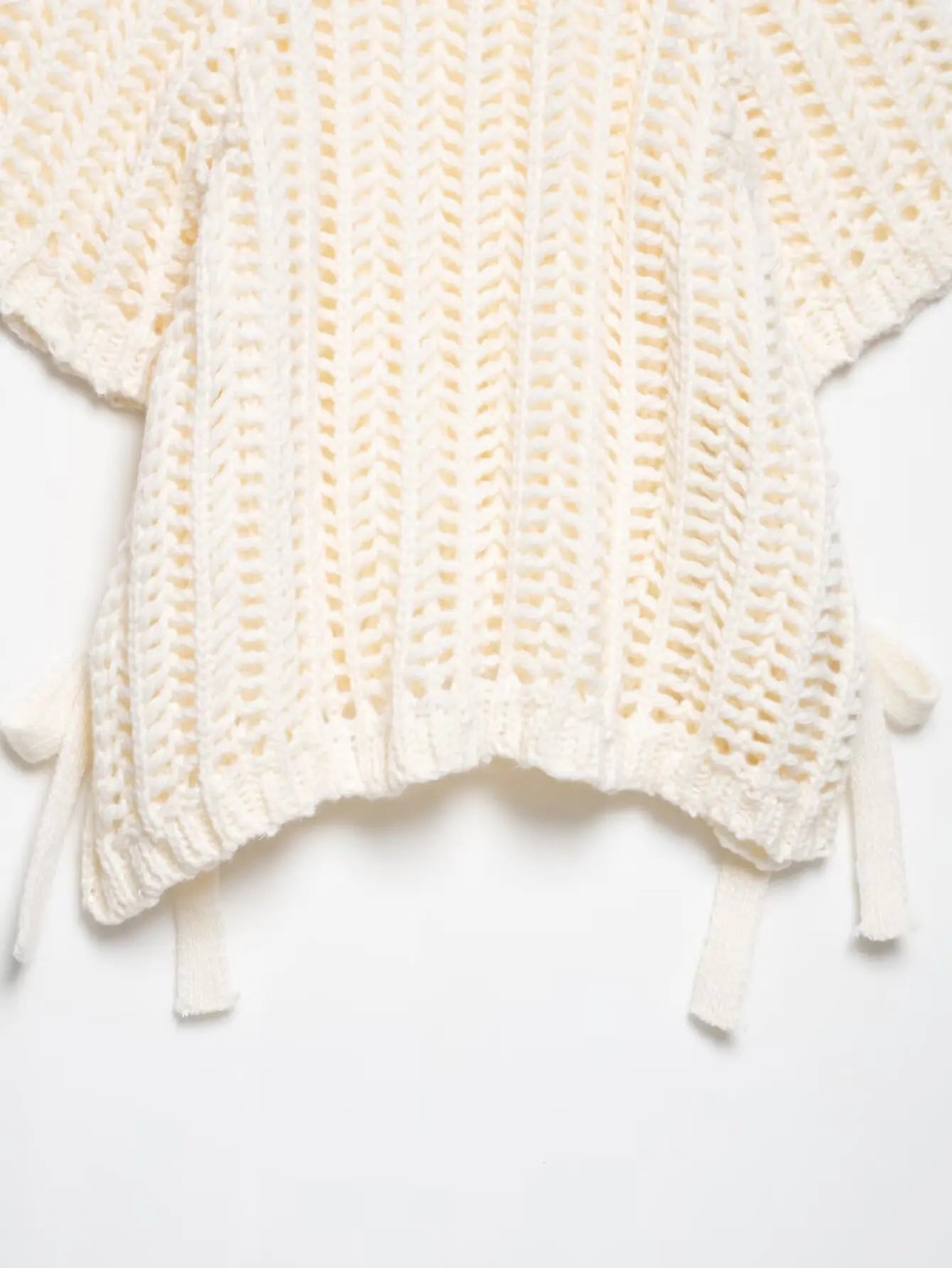 Hollow Out Knit Pullover Women Casual Round Neck Lace Up Bow Sweater Female Autumn Short Sleeves Solid Knitwears Lady - Smarsty