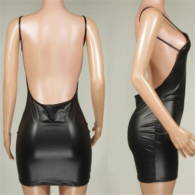 Sexy Faux Leather Dress Backless Club Party Short Dress Solid Black Wet Look Latex Bodycon Push Up Bra Mini Micro Dress - Smarsty