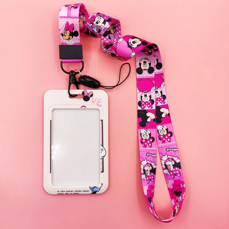 Disney Pink Lanyard ID Badge Holder Mickey Credit Card Case Neck Strap Minnie Card Holders Girl Credentials Accessories Keychain