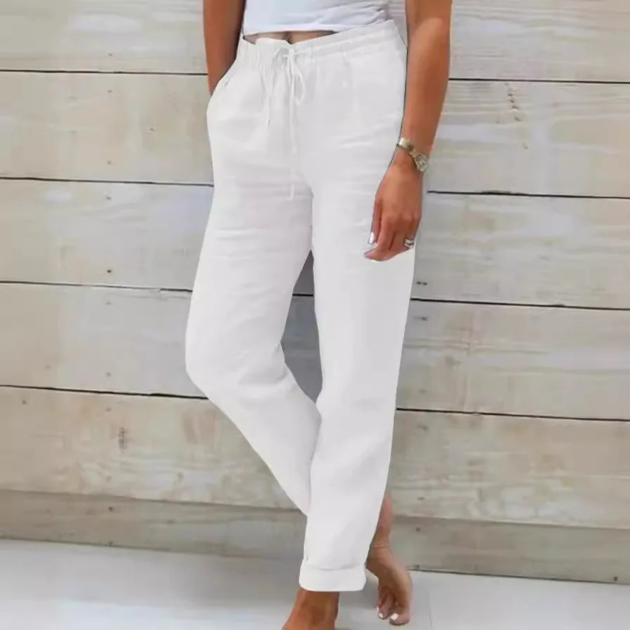 Summer Cotton Linen Pants For Women High Waist Elastic Sweatpant 2025 Loose Pencil Pant Casual Streetwear Solid Pocket Trousers - Smarsty