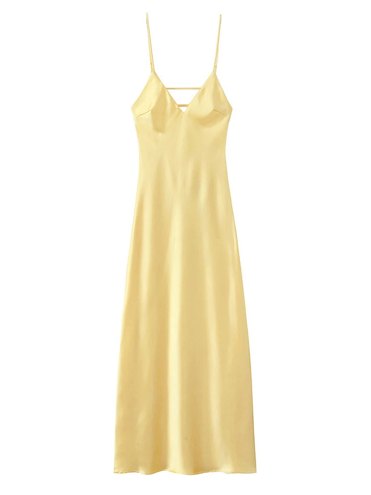 Yellow Elegant Stain Women's Sling Dress Sexy Backless Sleeveless V Neck High Waist Evening Gown Summer Chic Lady Partywear 2025