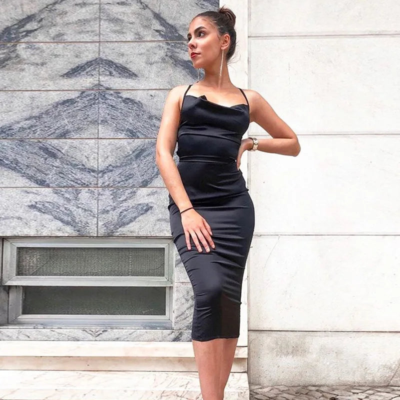 Neon Satin Lace Up Women's Long Midi Dress Light Pink Bodycon Backless Elegant Party Sexy Club Clothes 2022 Summer Dinner Outfit - Smarsty