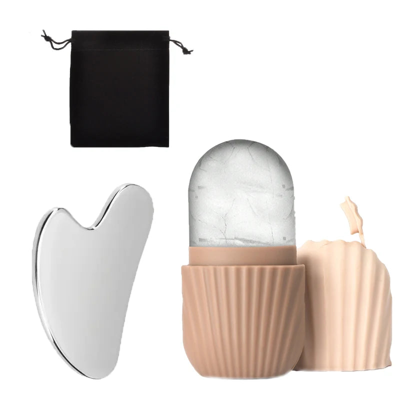 3-piece facial cleansing tool, stainless steel heart-shaped scraping tool, ice facial roller, a flannel bag