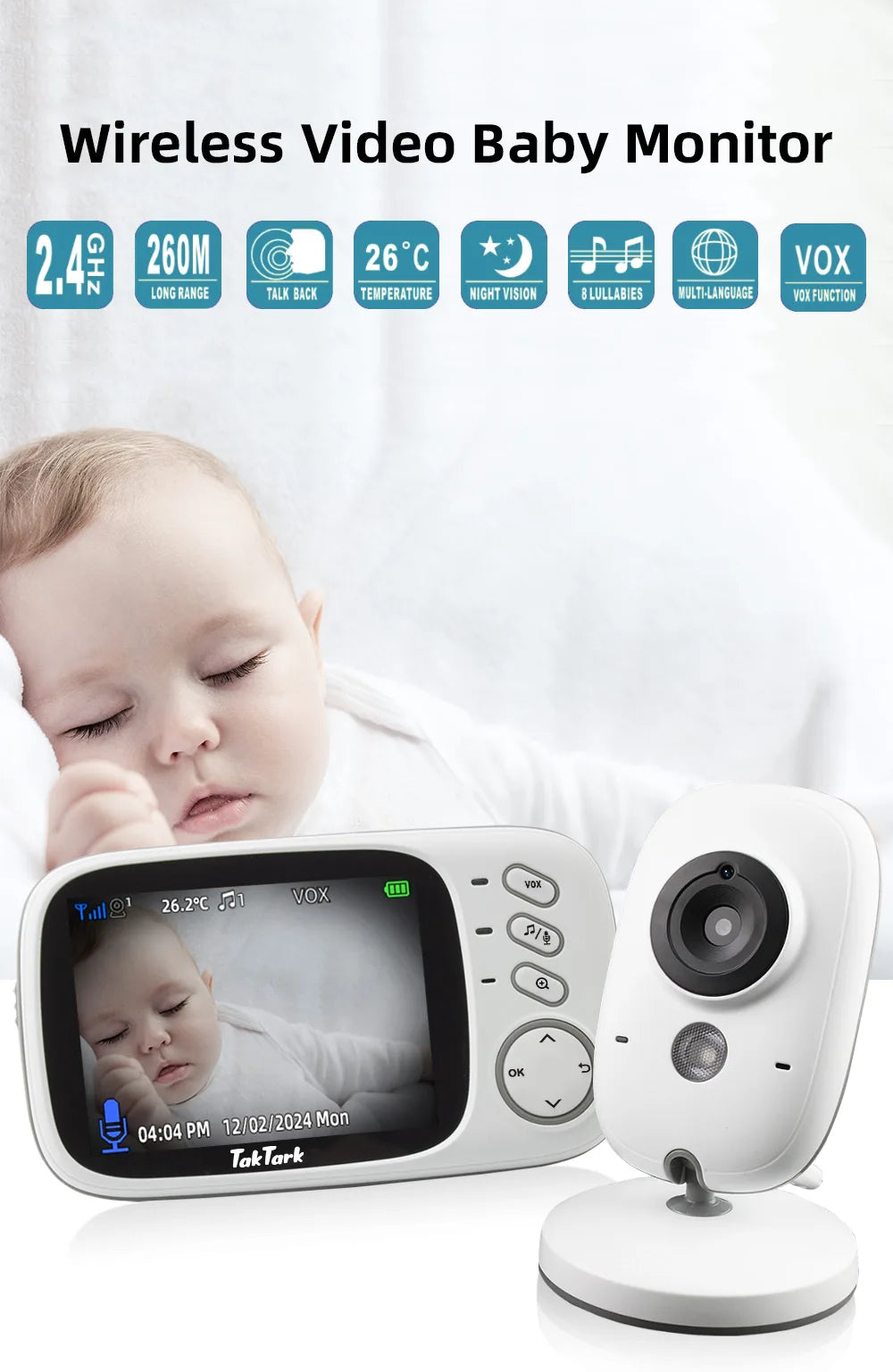 TakTark 3.2 Inch Wireless Video Baby Monitor Auto Night Vision Two-Way Intercom Temperature Monitoring Surveillance Camera Nanny by Smarsty