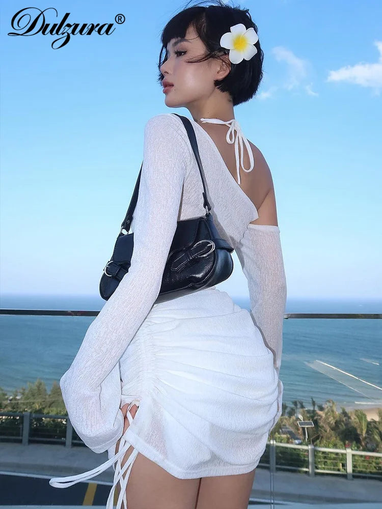 Dulzura Solid Skew Collar Ruched Straps Lace-Up See Through Draw String Mini Dress 2023 Summer Women Party Clubwear Wholesale - Smarsty