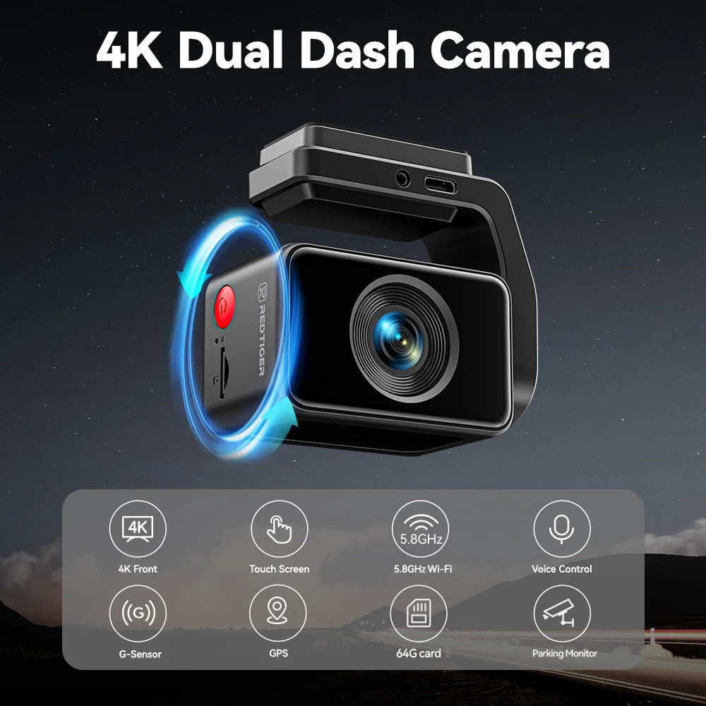 REDTIGER A4 4k Dash Cam Front and Rear Drive Recorder GPS& 5G WiFi Touch Screen Night Vision 24H Parking Mode Voice Control