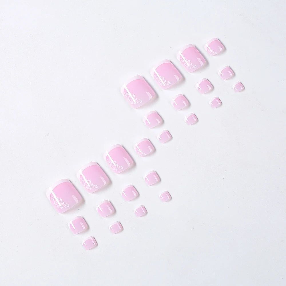 French Flower Fake Toenails Short Square Press On Tips - Smarsty