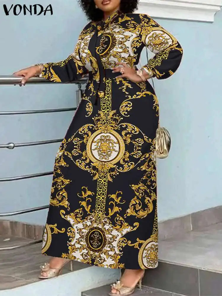 VONDA Maxi Dress 2024 Summer Women Bohemian Printed Party Sundress Long Sleeve Stand Collar Casual Robe Holiday Vestidos Belted - Smarsty