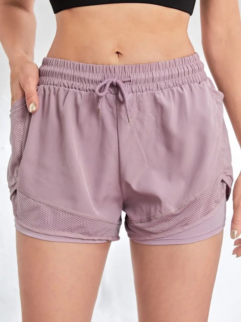 Women's Elastic Sports Shorts, Shorts With Pockets, Fake Two-Piece Yoga Leggings Running And Training - Smarsty