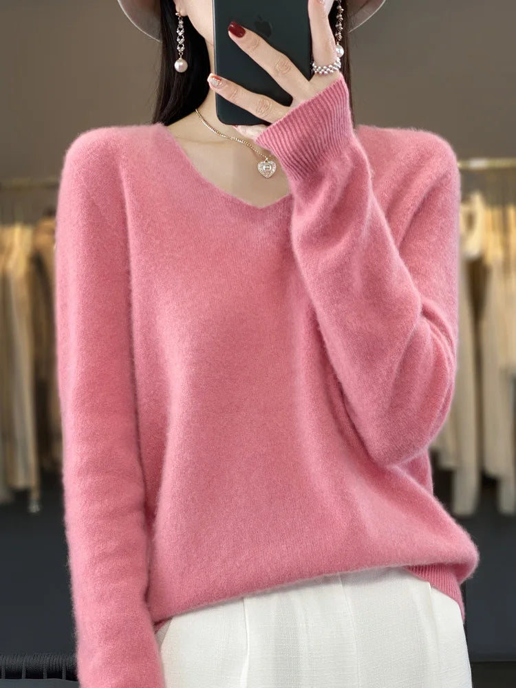 Fashion100% Merino Wool Sweater Cashmere Pullover Women Knitwear V-Neck Long Sleeve Autumn Winter Fashion Basic Clothing Tops - Smarsty