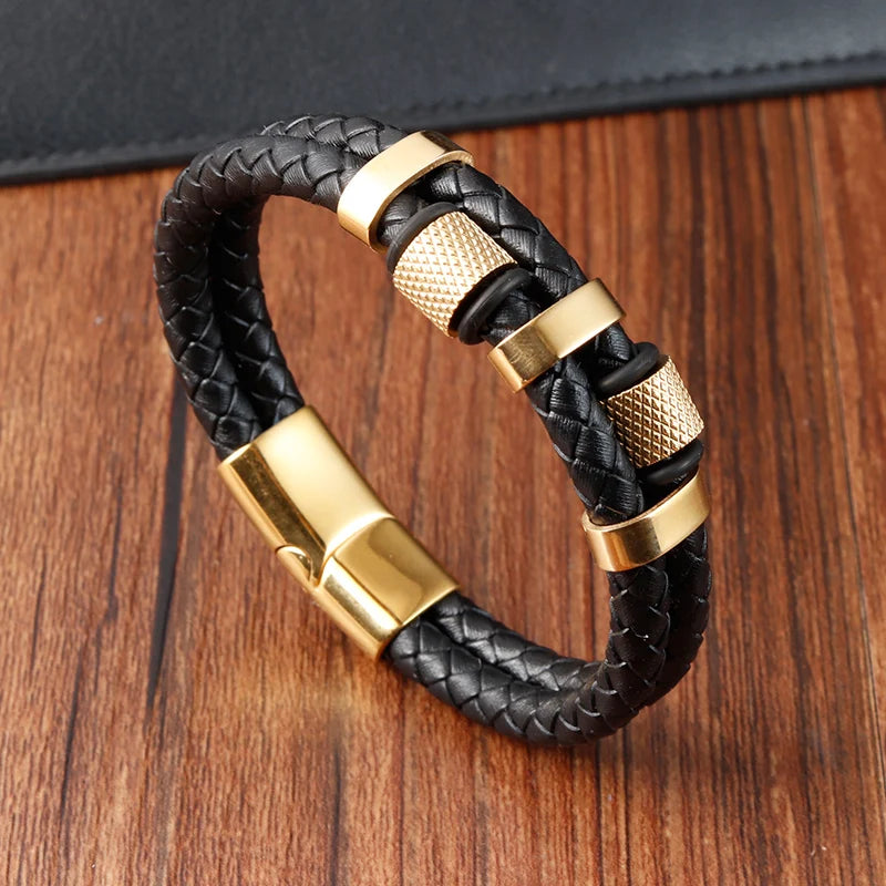 Men's Leather Charm Bracelet Stainless Steel Magnetic Clasp - Smarsty