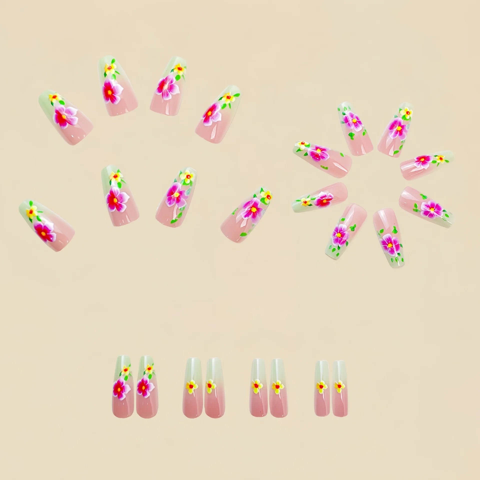 24 Piece Set Medium Long Press On Nails with Floral Design - Smarsty