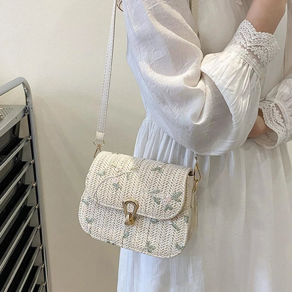 Straw Saddle Bag Crossbody Embroidered For Women Trendy - Smarsty