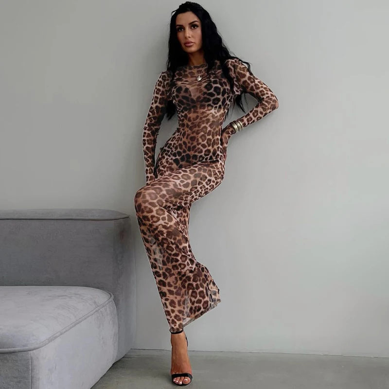 Hugcitar Leopard Print Mesh Long Sleeve Sexy Slim See Through Maxi Dress Fall Women Fashion Outfits Beach Vacation Club