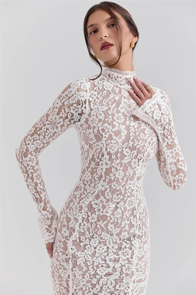 Mozision Lace Long Sleeve Sexy Midi Dress For Women Elegant White Half High Collar High Waist Bodycon Club Party Sexy Long Dress - Smarsty