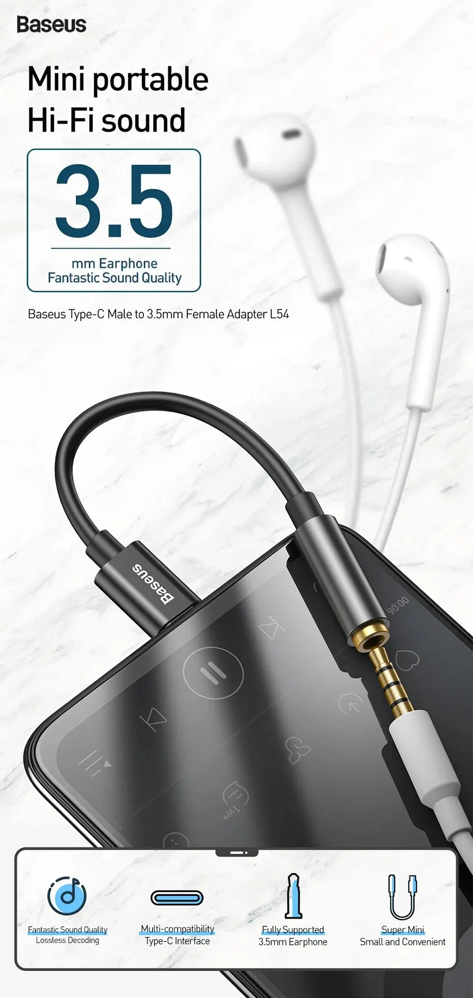 Baseus Type C to 3.5mm Audio Adapter for Headphones - Smarsty