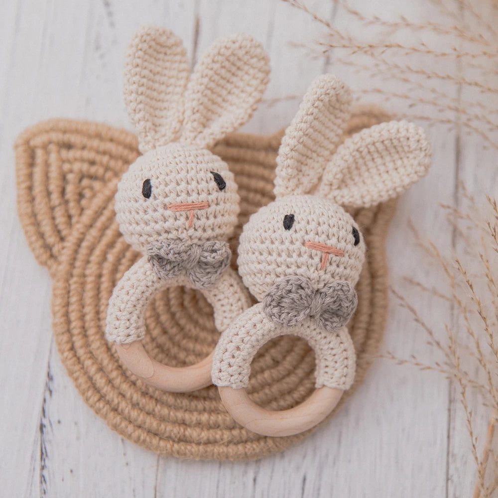 Baby Crochet Rattle Wooden Teether Toy BPA Free Wood Rodent Rabbit Rattle Baby Mobile Play Gym Newborn Educational Music Toys by Smarsty