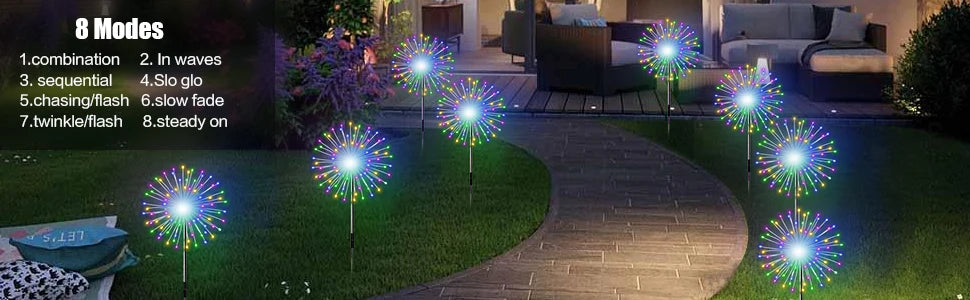 4 Pack Solar Firework String Lights - IP65 Waterproof 8 Modes w/Remote, Outdoor Christmas Decor for Garden/Patio/Party